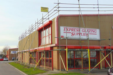 overclad of an industrial unit with scaffolding in yorkshire
